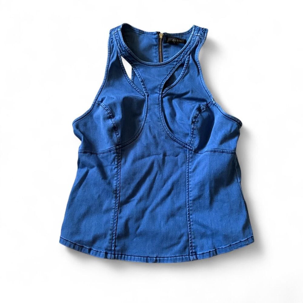 Guess Womens Blue Denim Y2K Cutout Zipper Back Sleeveless Top Medium Wash